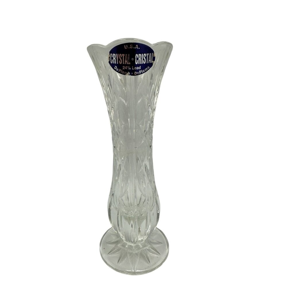 Vintage 24% Lead Crystal Clear Glass Vase With Scalloped Edge & Starburst Base